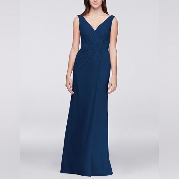 Davids Bridal faux wrap pleated chiffon maxi v neck dress marine navy - Picture 1 of 14